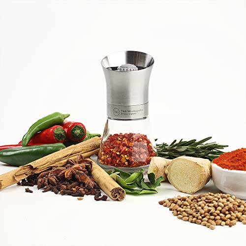 T&G CrushGrind Spice Mill with Stainless Steel Top & Glass Base, 12.5 cm, Whole Dried Herbs Spices Seeds Chilli Flakes/Fully Adjustable Ceramic Manual Grinder Single