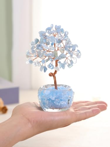 PESOENTH Aquamarine Crystal Tree of Life,Healing Crystal Stone Tree Spiritual Gifts for Women Mom Birthday,Blue Gemstone Trees Feng Shui Home Room Decor for House Warming Gifts Aquamarine Crystals Tree