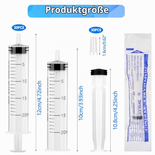 Pack of 30 Syringes 20 ml Individually Packed Disposable Syringes | 20 ml plastic syringe with lid for animal feeding, plant irrigation, laboratory, DIY, dispensing, Halloween, fancy dress