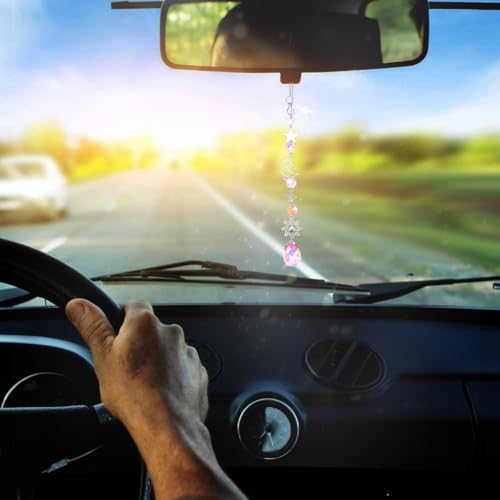 Moon and Star Rear View Mirror Car Charm, Cute Boho Sun Catcher Pendant Hangings Ornaments Healing Crystals Stones Car Decor for Women Men(A) A