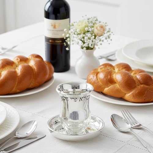 Glass Kiddush Cup 3.5 Inch with Stones Bore Pri Hagafen Silver color Including a Tray (Set 5) Set 5