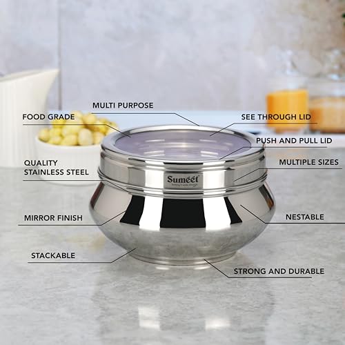 Sumeet Stainless Steel Handi Shape Big Size Canisters/Dabba/Storage Containers Set for kitchen with Transparent See Through Lid, 14.5cm Dia, 1400ml, Pack of 1, Silver, CTHDPD2-1PC 1400ml, 1 pcs