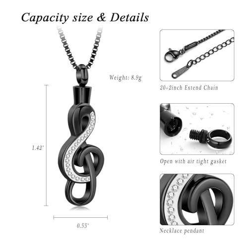 XSMZB Cremation Jewelry Crystal Music Note Urn Necklace for Ashes Stainless Steel Necklace Urn Cremation Memorial Ashes Holder Keepsake Pendant Locket Black