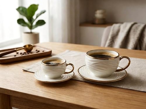 3OZ Espresso Cups with Saucers, Porcelain Cappuccino Cups Set of 6, Ceramic Coffee Cup Set for Double Shot, Milk, Tea, Latte, Dishwasher & Microwave Safe, Modern Unique White Patterns