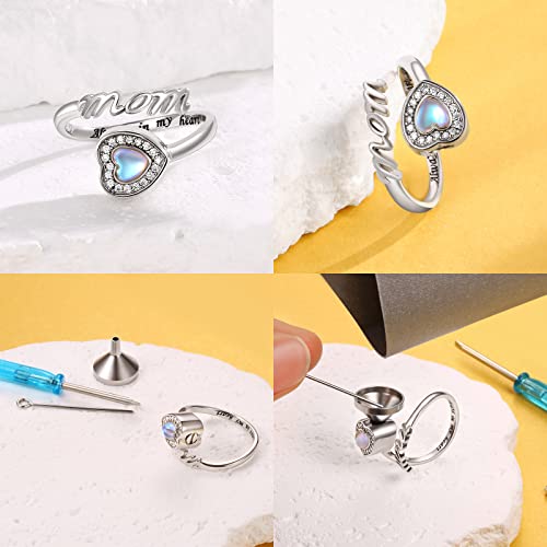 Sterling Silver Urn Ring for Ashes: Cremation Jewelry Keepsake for Women Mom - Moonstone