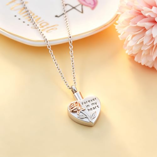 Rose Flower Cremation Jewelry for Ashes of Loved Ones Keepsake Heart Flower Urn necklace Locket Eternity Memorial Forever in My Heart Ashes Keepsake Necklace Silver