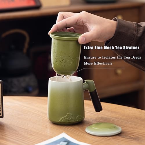 Tmtemn 12oz wood handle tea mug with infuser lid, ideal for brewing loose leaf tea, packaged in a gift box for presents.