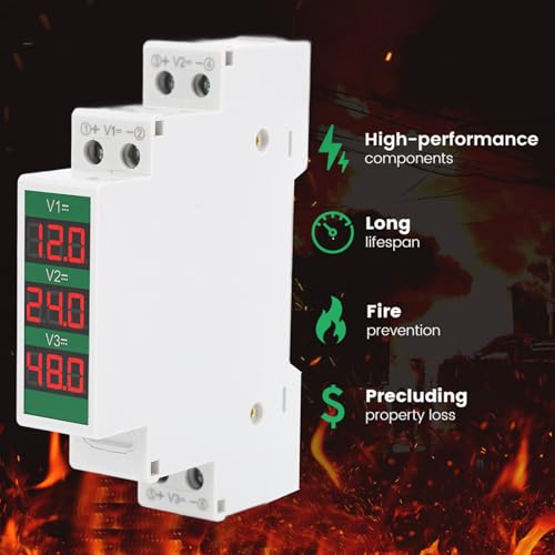 Garosa DIN rail voltmeter with 3-digit LCD display, DC 11–310V range, switch output, and triple-way isolation