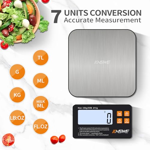 Food Scales with Split Wireless LCD Display 33lb/15kg Digital Kitchen Scale 304 Stainless Steel 1g High Precision 7 Units for Cooking Baking Electric Weighing Coffee with PCS Tare Function 15kg/1g