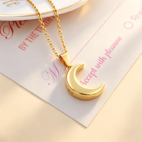 Crescent Moon Cremation Urn Necklaces for Ashes Stainless Steel Cremation Jewelry Keepsake Urn Necklace for Human Pet Ashes Memorial Jewelry Funeral Jewelry for Women Men Gold