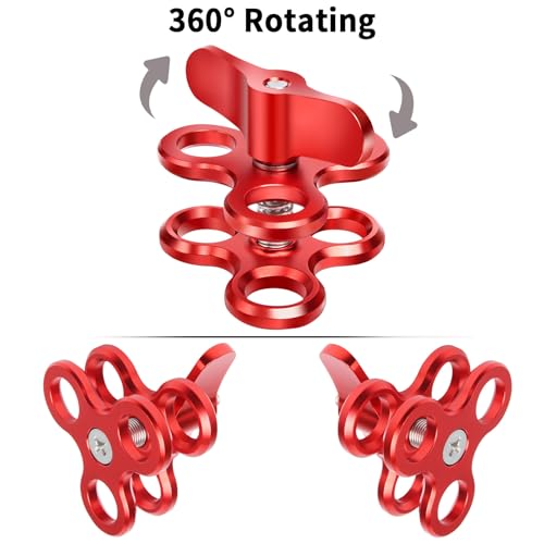 3-Hole 1" Aluminum Underwater Camera Clamp Ball Mount (2-Pack) - Underwater Bracket for Diving Light Arms & Camera Trays, Saltwater-Resistant Adapter for Scuba Photography/Videography Gear Triple Holes Red