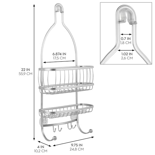 iDesign York metal wire hanging shower caddy in satin silver with multiple shelves for bathroom organization.