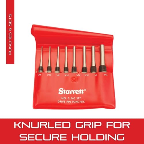 Starrett S565PC 8-piece drive pin punch set, 4-inch steel punches arranged together