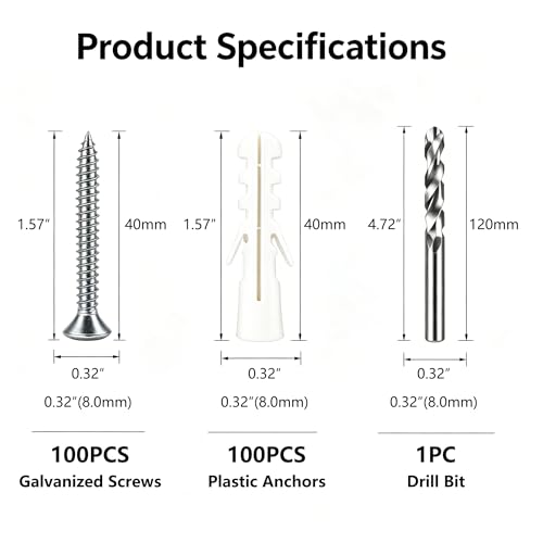Eloogaa 200-piece drywall anchors and screws kit with ribbed plastic anchors, screws, and drill bit