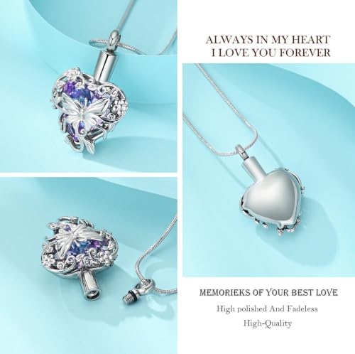 zeqingjw Butterfly Urn Necklaces for Ashes Urn Jewelry for Human Pet Ashes for Women Heart Cremation Necklace for Ashes Silver-Purple