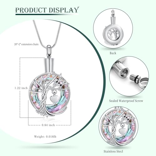 Tree of Life Cremation Jewelry Urn Necklaces With Mini Heart for Ashes Memorial Keepsake Pendant for Women Gifts With Funnel Kit & Bag Silver+Pink