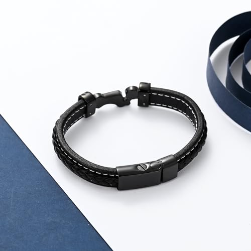constantlife Motorcycle Cremation Bracelet for Ashes for Men Braided Leather Wristband Cuff Bangle Memorial Urn Jewelry Motorbike Racer Funeral Keepsake Gift Black 18cm