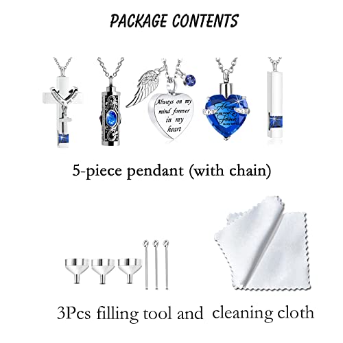 weikui 5 Pieces Cremation Urn Necklace Heart for Ashes Crystal Heart/Cross/Cylinder/Cubic Memorial Locket Stainless Steel Pendant Necklace for Women Men Keepsake 5 Piece Set - Blue