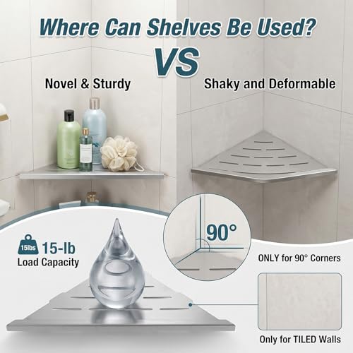 2 Pack Corner Shower Shelf 10 Inch 304 Stainless Steel Shower Corner Shelf for Inside Showers Slot Design Recessed Shelves Bathroom No Drill Tiled Wall Silver