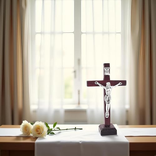 Mozff Wall and Table Wood Cross Crucifix, Crucifix Wall Cross Wooden Catholic Cross With Stand Religious Christian Standing Church Home Ornaments For Prayers