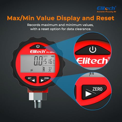 Elitech PG-30Pro digital high-pressure refrigeration HVAC gauge, 87 refrigerants, 14.5–800 PSI, 1/8-inch NPT