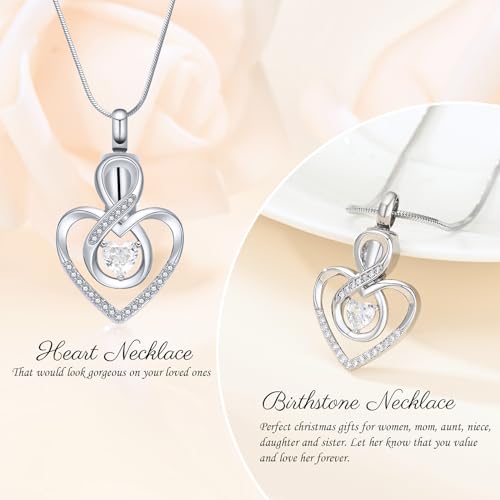Minicremation Cremation Heart Urn Necklace Ashes Jewelry for Women,Birthstone Locket Keepsake Pendant infinitely Heart Memorial Locket Ash Holder for Human/Pet Silver-White