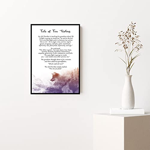 RCVTVPV Tale Of Two Wolves Wall Art Native American Tale Art Print Spiritual Wisdom Poster Canvas Wall Art For Home Office Framed Ready to Hang 8"x12" White 5 12"L x 8"W