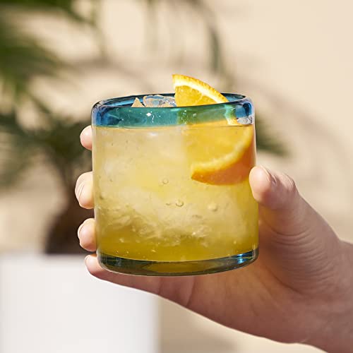 Segunda Vida Primavera Hand Blown Short Tumblers, Recycled Drinking Glasses with Blue Rim for Margarita, Tequila, Cocktails, Iced Drinks, Birthday Gifts for Women, Mexican Glassware, 12 oz, Set of 2 Cocktail Glasses