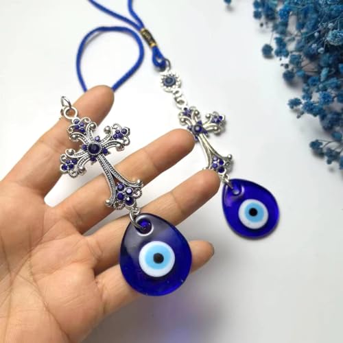 Evil Eye Crystal Cross Talisman Fatima's Holy Hand Pendant Decoration, Lucky Blue Evil Eye Hanging Ornament for Car, Home and Office for Protection and Blessing (1pc Water Droplet Evil Eye) 1pc Water Droplet Evil Eye