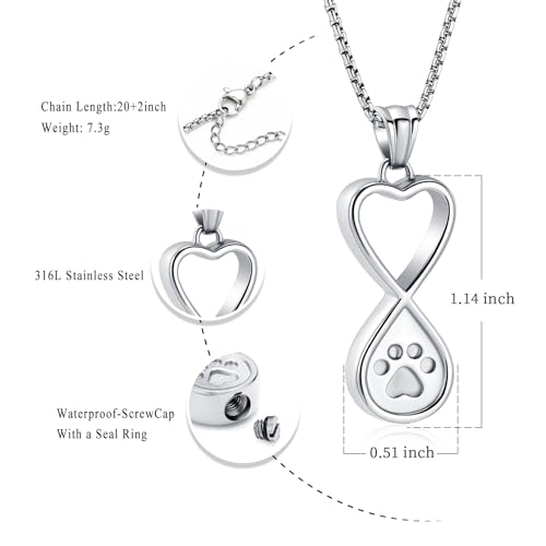 Oinsi 2PCS Pet Cremation Jewelry For Ashes For Dog/Cat Paw Stainless Steel Memorial Locket Urn Necklace Inside Mini Case Keepsake Cremation Jewelry Women Men