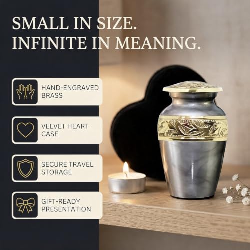 Small Urns for Human Ashes with Velvet Heart Case - Brass Hand Engraved - Mini Memorial Urn for Ashes - Gray Keepsake Cremation Urn for Mom, Dad, Baby & Someone Special Small Urn