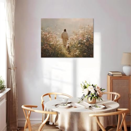 Jesus Leaves the 99 Sheep Wall Art The Lost Sheep Bible Stories Painting picture Wall Decor religion Christian Wildflowers Poster Print Artwork for Church LDS bedroom Living Home Decor 8x10 in Canvas Jesus05 8"L x 10"W
