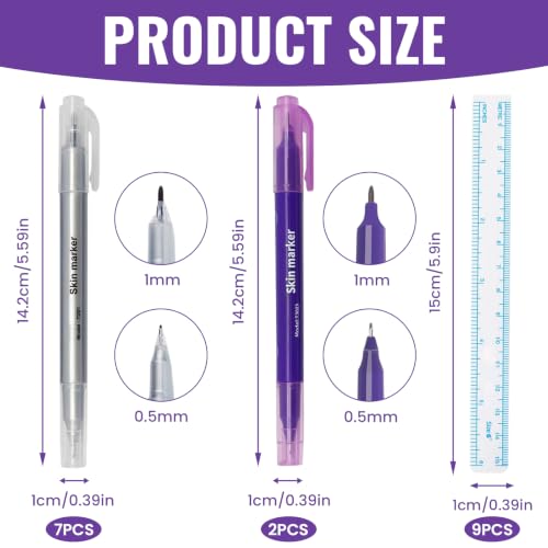 Pack of 9 Tattoo Pens, Skin Marker Pen with 9 Rulers, Waterproof, Double-Sided Tattoo Pen, Tattoo Piercing Positioning Pen for Skin, Eyebrows and Lips (Purple)