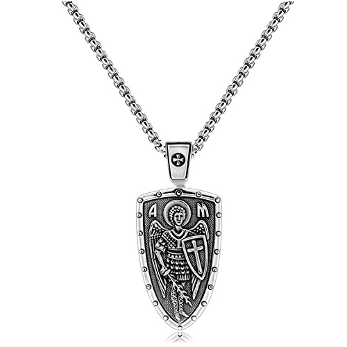 VENICEBEE® Archangel St. Michael Saint Medal Pendant Protection Cross Sword Shield Christian Sacramental Necklace Solid 925 Sterling Silver + Black Velvet Pouch, Polishing Cloth, Fine Gift Box