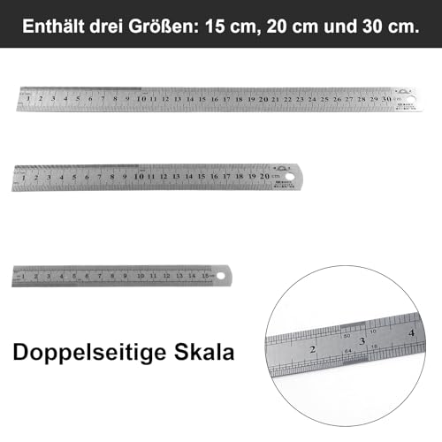 Set of 3 Stainless Steel Rulers, Metal Ruler Set 15/20/30 cm, Steel Ruler Double Sided Scale Edge Centimeter & Inch Steel Ruler Measuring Tool Precision Ruler for Engineering Teaching Office Office School silver
