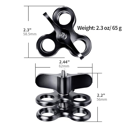 3-Hole 1" Aluminum Underwater Camera Clamp Ball Mount (2-Pack) - Underwater Bracket for Diving Light Arms & Camera Trays, Saltwater-Resistant Adapter for Scuba Photography/Videography Gear Triple Holes Black