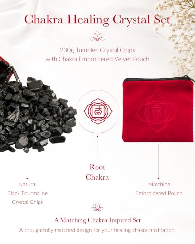 SUNYIK Natural Black Tourmaline Tumbled Chips Stone with Root Chakra Pillow #2-black/Red