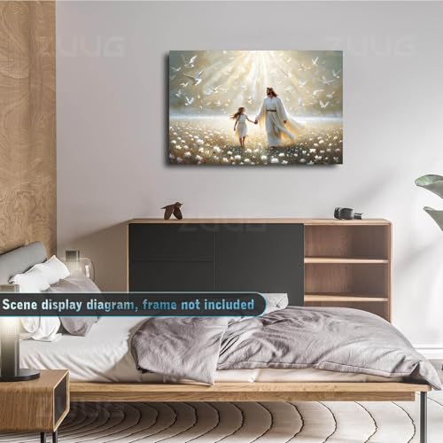 Jesus walking with girl canvas wall art I will walk with Christ peace dove floral poster print modern bible inspirational spiritual painting christian tranquil prayer room church bedroom home decor jesus-3 18"L x 12"W