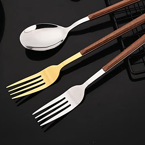 JASHII 24pcs Reusable Flatware Silverware Set, Gold Stainless Steel Knife Fork Spoon Chopstick Straw Set with Square Wooden Handle,Service for 4, Include 1 Brush, Dishwasher Safe.