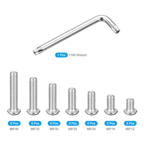 uxcell M8 Torx security machine screws kit in assorted 12–40mm lengths, displayed with hex drive heads