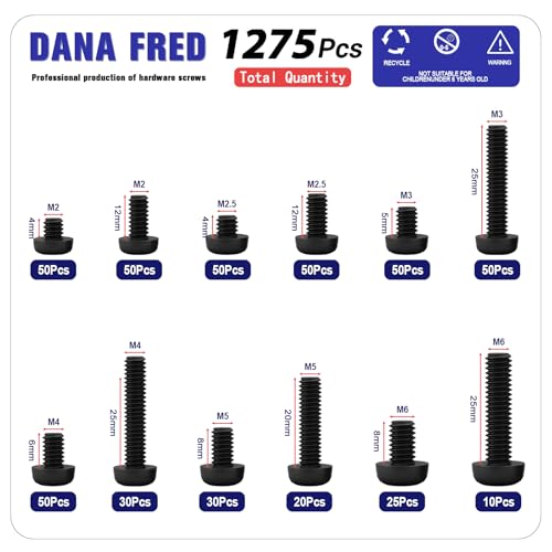 DANA FRED 1275-piece black nylon Phillips pan head screw, nut and washer assortment kit M2-M6
