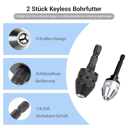 Moyata Keyless Drill Chuck Adapter 1/4 Inch Hex Shank Pack of 2 | 3 Jaw Drill Adapter, Quick Chuck Adapter with 0.8-3.0 mm Twist Drill for Hammer Drill, 0.3-6.5 mm/0.3-3.4 mm