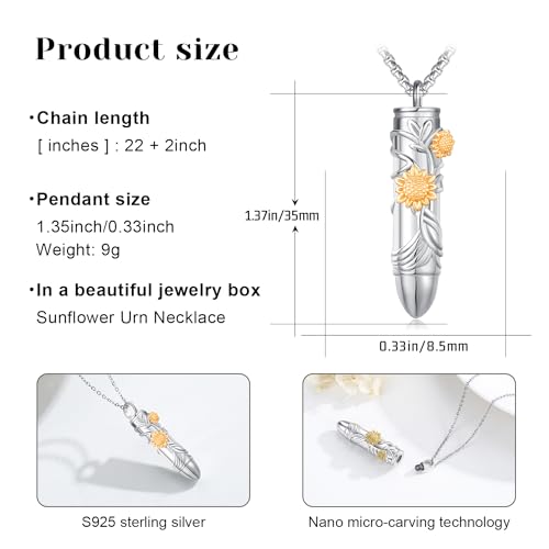 Bullet Urn Necklace for Ashes Cremation Jewelry 925 Sterling Silver Sunflower Pendant Necklace Memorial Keepsake Pendant