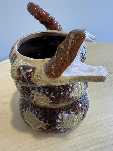 Ceramic Rattlesnake Mug, Novelty Snake Design Coffee Cup with Coiled Body and Tail Handle, Brown and Tan Glazed Finish
