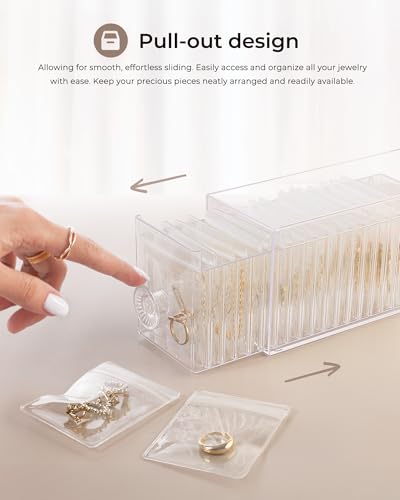 HOMEHIVE Clear Acrylic Jewelry Organizer Box with 20 Portable Pouches, Jewelry Storage Case for Women Girls, Tangle-Free, Anti-Tarnish, Compact Storage for Necklaces/Earrings/Rings, Upgraded Clear Upgraded Clear Jewelry Box