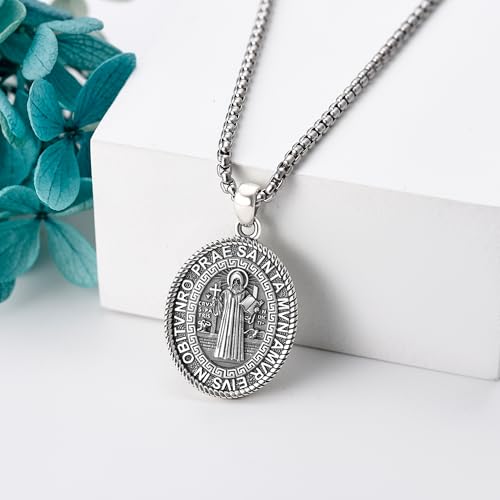 YAFEINI St Benedict Necklace 925 Sterling Silver Patron Saint Benedict Medal Pendant Amulet Protection Religious Jewellery Gifts for Women Men