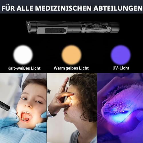 Diagnostic Light, Medical Pupil Light, Rechargeable USB, 3-Colour Light, Portable LED Pen Lamp with Pocket Clip for Nurses, Students, Doctors klein