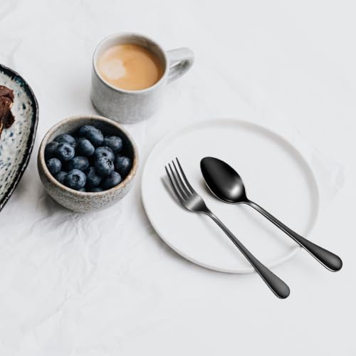 Set of 24 black stainless steel serving spoons and forks from Anboliwb, arranged on a white surface.