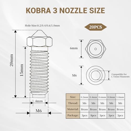 LALAGO 20-Piece Barss Nozzle Set for Cobra 3/Cobra S1, 3D Printer Nozzle Set for Anycubic Kobra 3, Kobra 3 Combo, Kobra S1, Kobra S1 Combo (8 x 0.4 mm + 3 x 0.2 mm + 3 x 0.6 mm + 3 x 0.8 mm + 3 x 1.0 Style: cobra 3 brass