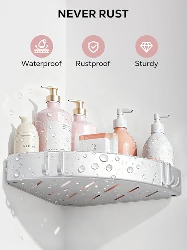 Two silver Nieifi adhesive shower caddies in a corner, featuring multiple shelves for bathroom organization.